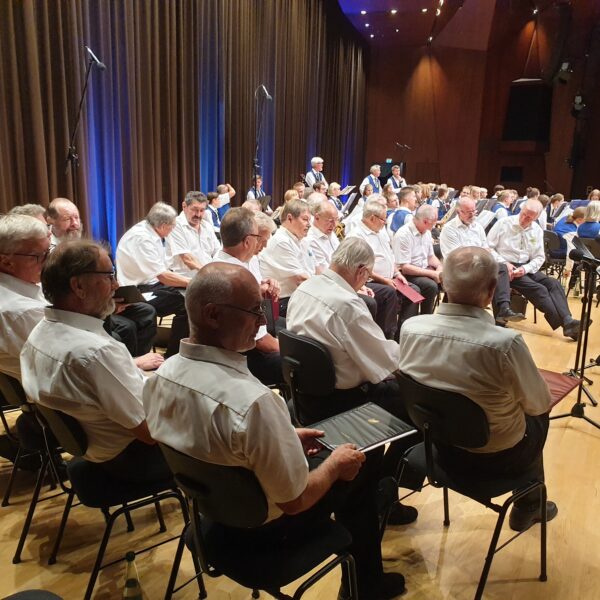 Der Männergesangsverein Kriegenbrunn-Falkendorf sitzt auf der Bühne. Die Männer tragen weiße Hemden mit schwarzer Hose, die Bühne ist hell erleuchtet.